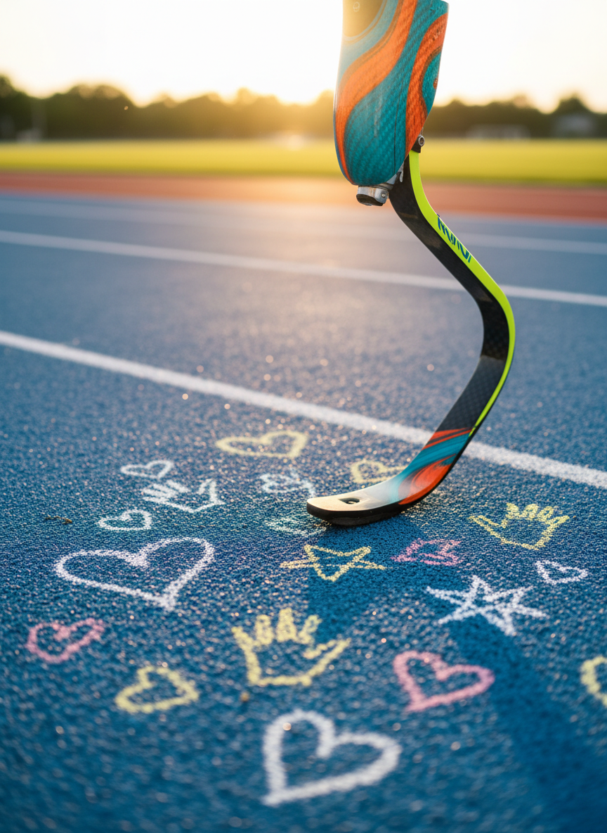 A brightly colored prosthetic running blade, crafted from glossy carbon fiber with a bold teal and orange pattern, rests confidently at the edge of a vibrant blue running track. Around it lie chalk-drawn hearts and playful doodles of stars and high-fives on the textured rubber surface. Late afternoon sunlight casts long, warm shadows, highlighting the blade’s sleek curve and subtle weave. Photographic realism with a shallow depth of field keeps the blade in crisp focus while the background lanes blur into soft color bands. The mood is upbeat and celebratory, capturing energy and possibility in a clean, modern, playful style that feels welcoming and empowering.