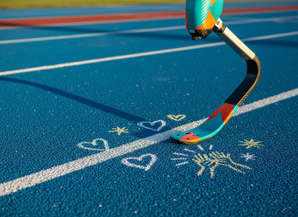 A brightly colored prosthetic running blade, crafted from glossy carbon fiber with a bold teal and orange pattern, rests confidently at the edge of a vibrant blue running track. Around it lie chalk-drawn hearts and playful doodles of stars and high-fives on the textured rubber surface. Late afternoon sunlight casts long, warm shadows, highlighting the blade’s sleek curve and subtle weave. Photographic realism with a shallow depth of field keeps the blade in crisp focus while the background lanes blur into soft color bands. The mood is upbeat and celebratory, capturing energy and possibility in a clean, modern, playful style that feels welcoming and empowering.