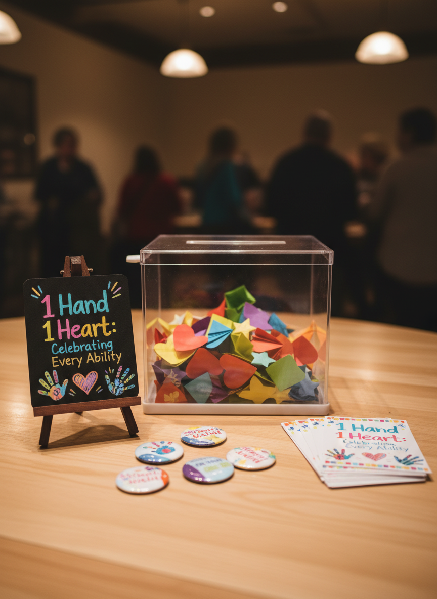 A handmade fundraising table display set up on a smooth wooden surface, featuring a transparent donation box half-filled with colorful folded notes shaped like hearts and stars. Beside it stands a small chalkboard sign on a mini easel, hand-lettered with the phrase “1 Hand 1 Heart: Celebrating Every Ability” in bright, playful colors. Scattered around are glossy event buttons and a stack of neatly arranged flyer cards. Warm indoor pendant lighting creates a cozy glow, catching subtle reflections on the clear plastic and glossy paper. Photographic realism with a slightly elevated angle and moderate depth of field keeps the table sharp while the background softly fades, evoking a friendly, community-driven atmosphere.