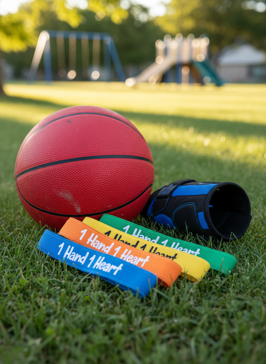 A close-up of a colorful pile of adaptive sports equipment arranged on fresh green grass: a bright red basketball with a slightly worn texture, a custom glove with one empty sleeve neatly folded, and a small stack of fabric wristbands printed with the words “1 Hand 1 Heart” in cheerful fonts. Dappled afternoon sunlight filters through unseen tree leaves, creating playful patches of light and soft shadows. Shot from a low, eye-level angle in photographic realism, the composition uses the rule of thirds, with crisp detail on the wristbands and a gentle bokeh of a distant playground. The mood is joyful and inclusive, suggesting active fun and community support.