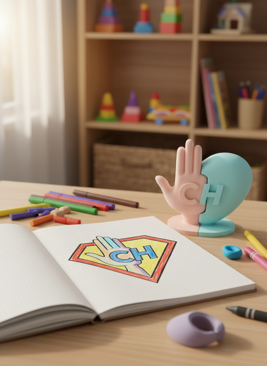 A neatly organized kid’s bedroom desk tailored for creativity, with a sketchbook open to a colorful drawing of a superhero logo featuring a stylized hand and heart. Beside it sits a 3D-printed model of the same symbol, made from smooth pastel plastic, one side shaped like a hand and the other a heart seamlessly fused together. Crayons, markers, and a small adaptive pencil grip are scattered playfully. Soft morning light streams through a nearby window, illuminating the drawing and creating delicate highlights on the plastic model. Photographic realism, shot at eye level with a shallow depth of field, keeps the artwork in focus while toy shelves blur into a gentle backdrop. The mood is imaginative, hopeful, and gently playful.
