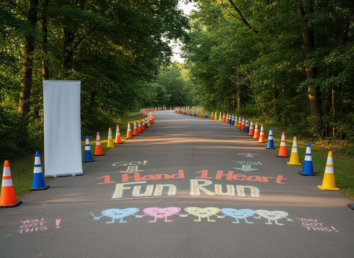 A sunlit park path winding gently through lush green trees, with bright chalk art decorating the smooth pavement: a large, playful “1 Hand 1 Heart Fun Run” title, cartoon hearts holding hands, and arrows guiding an invisible crowd. Colorful cones line the sides of the path, and at the beginning stands a freestanding banner stand without visible branding, ready for customization. Golden hour light warms the scene, casting long shadows from the cones and deepening the greens of the foliage. Photographic realism from a slightly elevated, forward-looking angle emphasizes the path leading into the distance. The atmosphere is festive and inviting, suggesting an inclusive community event filled with movement, encouragement, and joy.