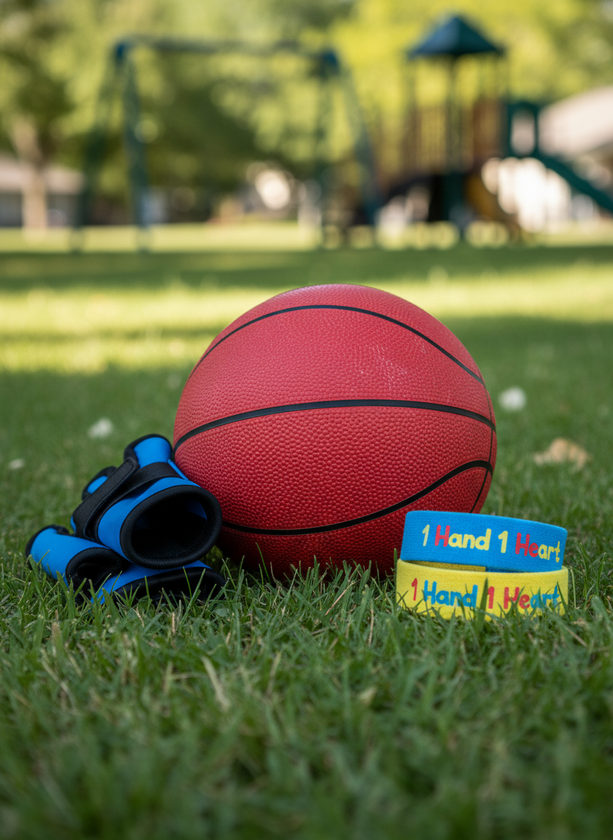 A close-up of a colorful pile of adaptive sports equipment arranged on fresh green grass: a bright red basketball with a slightly worn texture, a custom glove with one empty sleeve neatly folded, and a small stack of fabric wristbands printed with the words “1 Hand 1 Heart” in cheerful fonts. Dappled afternoon sunlight filters through unseen tree leaves, creating playful patches of light and soft shadows. Shot from a low, eye-level angle in photographic realism, the composition uses the rule of thirds, with crisp detail on the wristbands and a gentle bokeh of a distant playground. The mood is joyful and inclusive, suggesting active fun and community support.