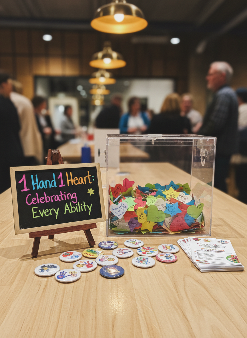 A handmade fundraising table display set up on a smooth wooden surface, featuring a transparent donation box half-filled with colorful folded notes shaped like hearts and stars. Beside it stands a small chalkboard sign on a mini easel, hand-lettered with the phrase “1 Hand 1 Heart: Celebrating Every Ability” in bright, playful colors. Scattered around are glossy event buttons and a stack of neatly arranged flyer cards. Warm indoor pendant lighting creates a cozy glow, catching subtle reflections on the clear plastic and glossy paper. Photographic realism with a slightly elevated angle and moderate depth of field keeps the table sharp while the background softly fades, evoking a friendly, community-driven atmosphere.